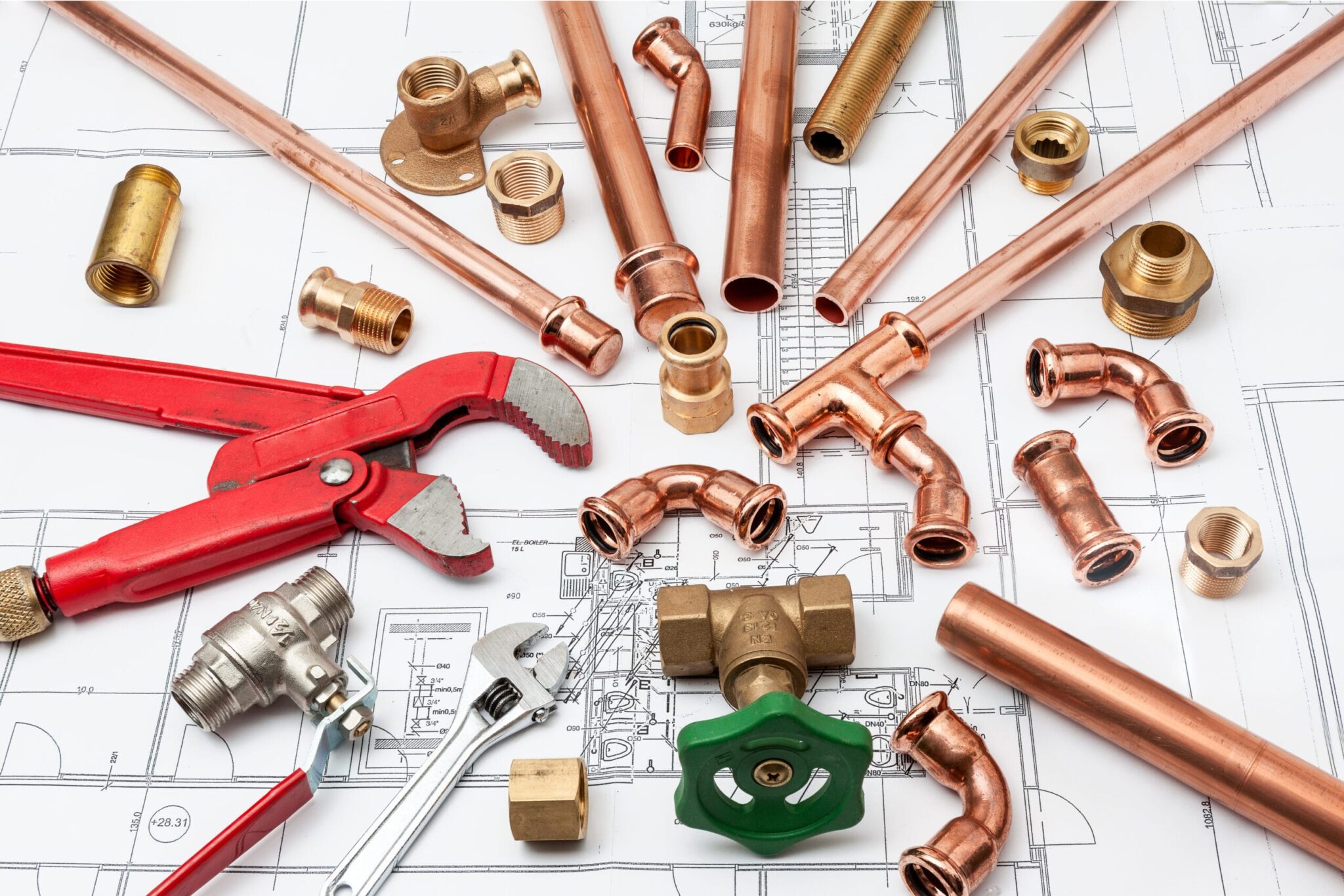 Copper pipes, fittings, valves, and plumbing tools in Wildwood