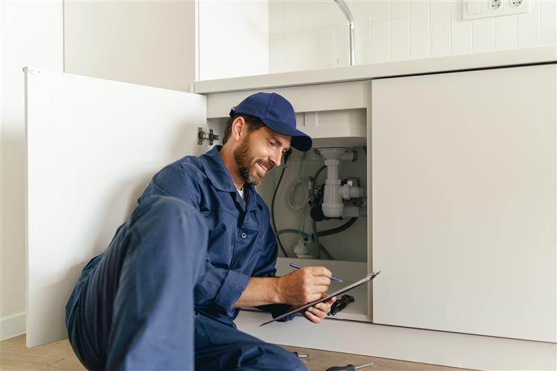 Residential plumber reviewing plumbing repairs in a Wildwood kitchen