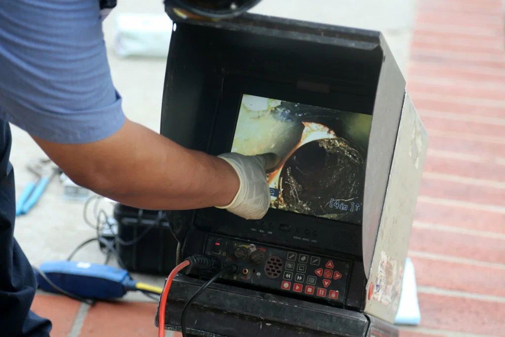 Technician viewing a drain inspection camera in Wildwood