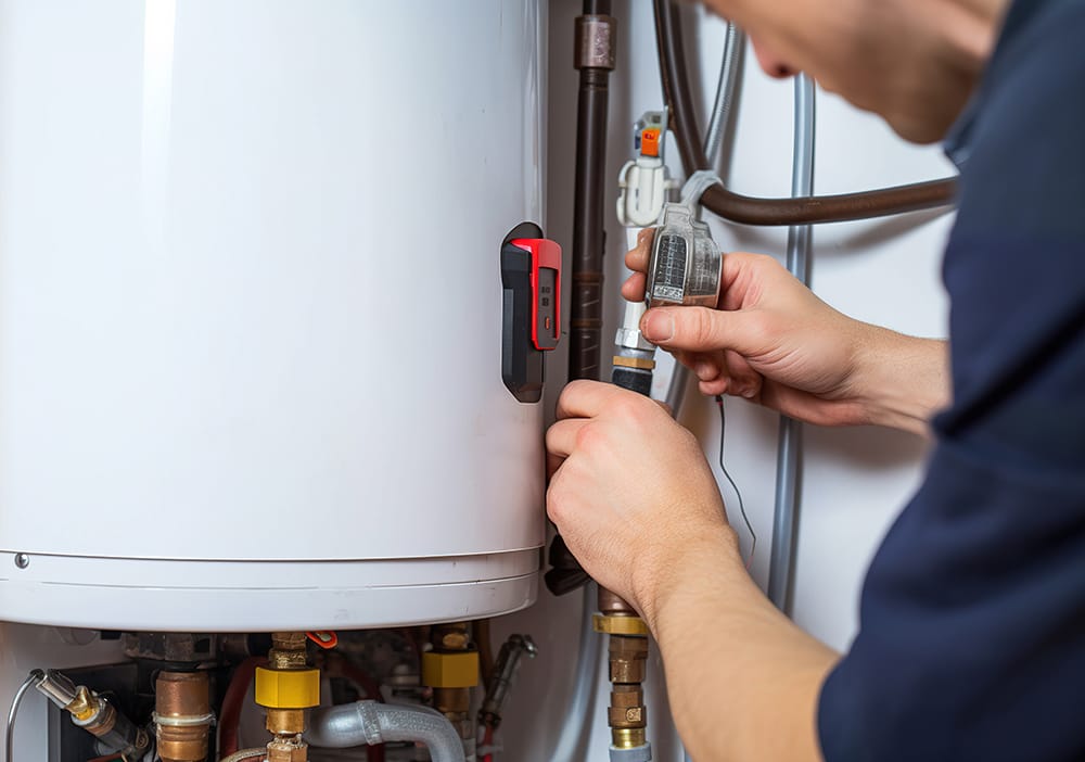 Technician repairing pipes connected to a water heater in Wildwood